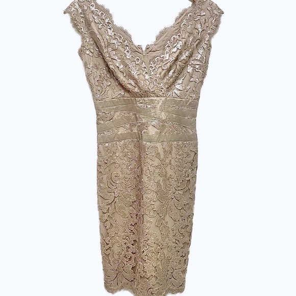 Tadashi Shoji Taupe Lace Fitted Scallop Dress 4 - Picture 7 of 9